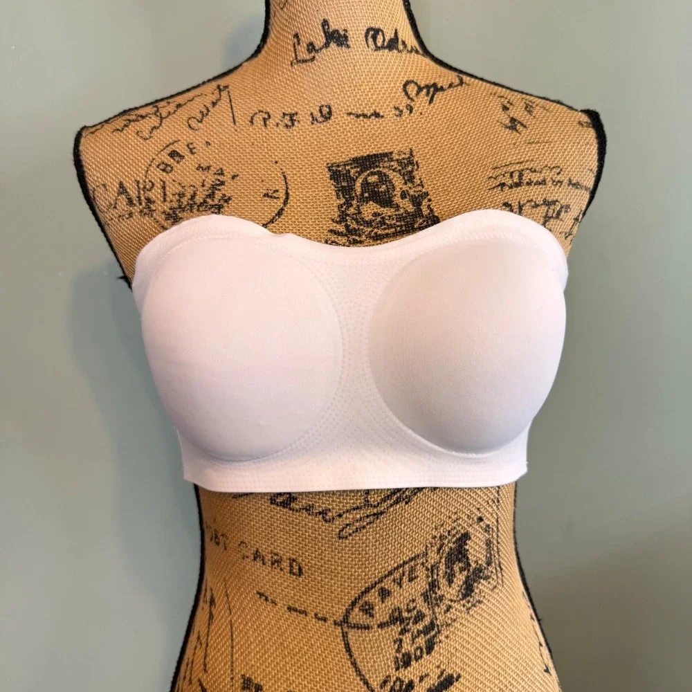 White Strapless Padded Bandeau Bra Crisscross Back Size M